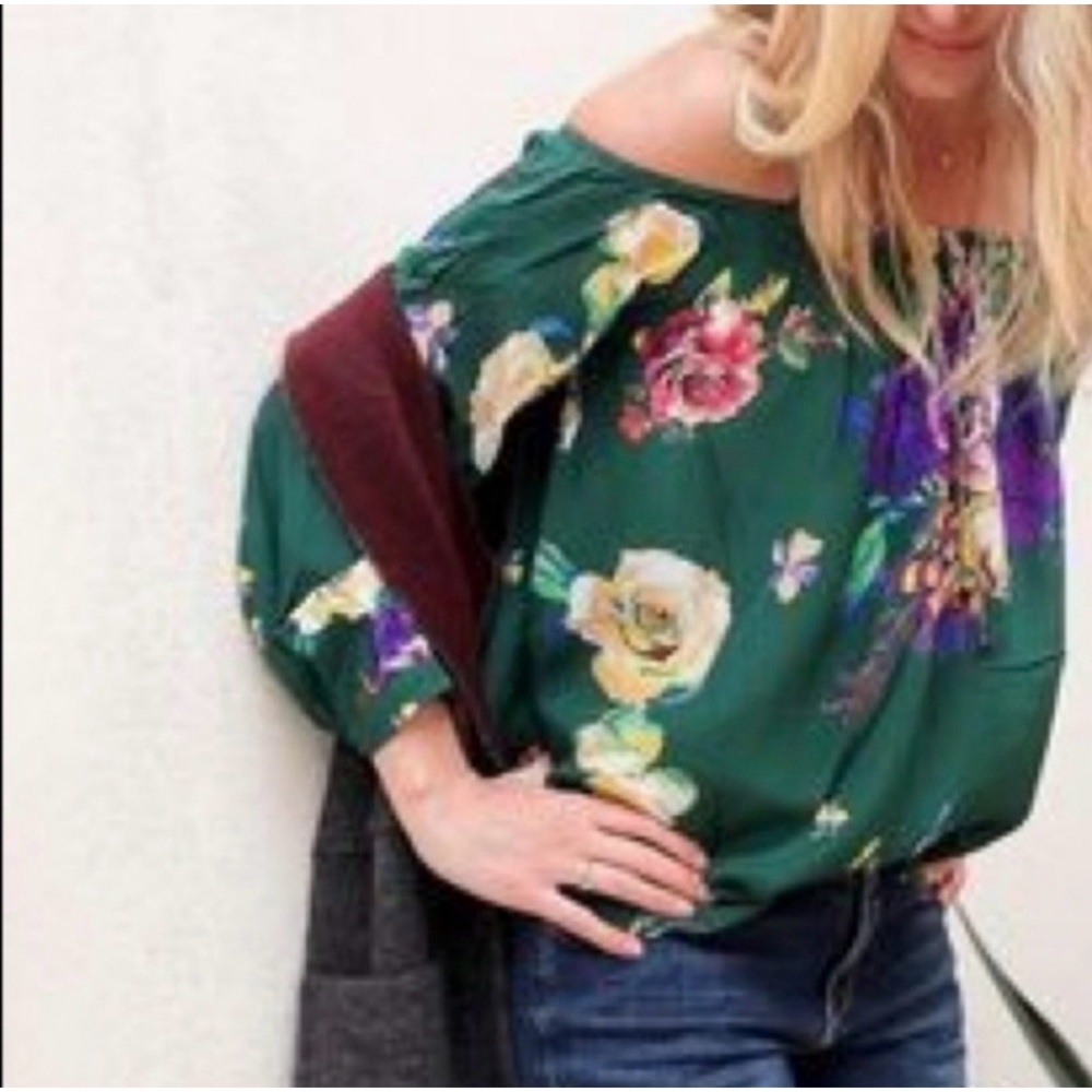 Anthropologie Maeve Emerald Green Floral Tallie Cold Shoulder Silk Blouse size M